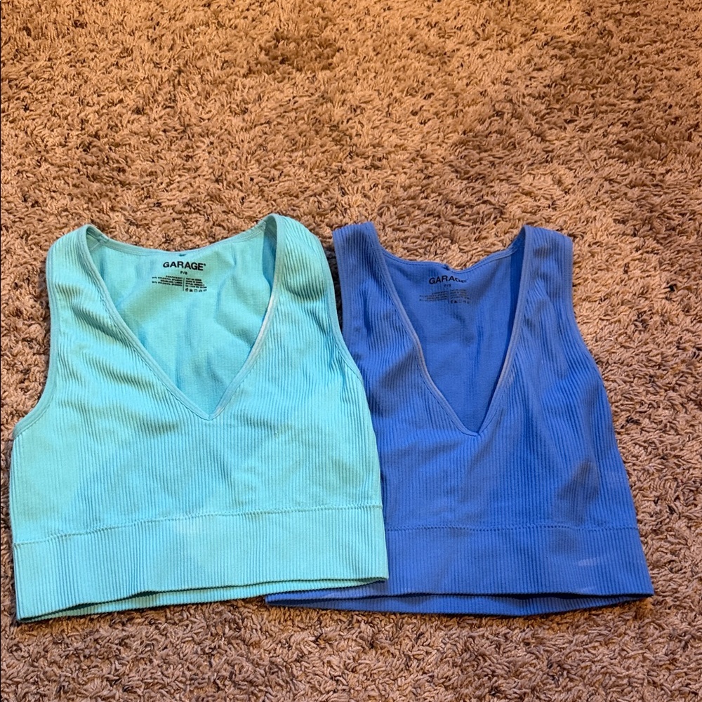 Garage Ribbed V-Neck Crop Tops - Aqua and Sky Blue